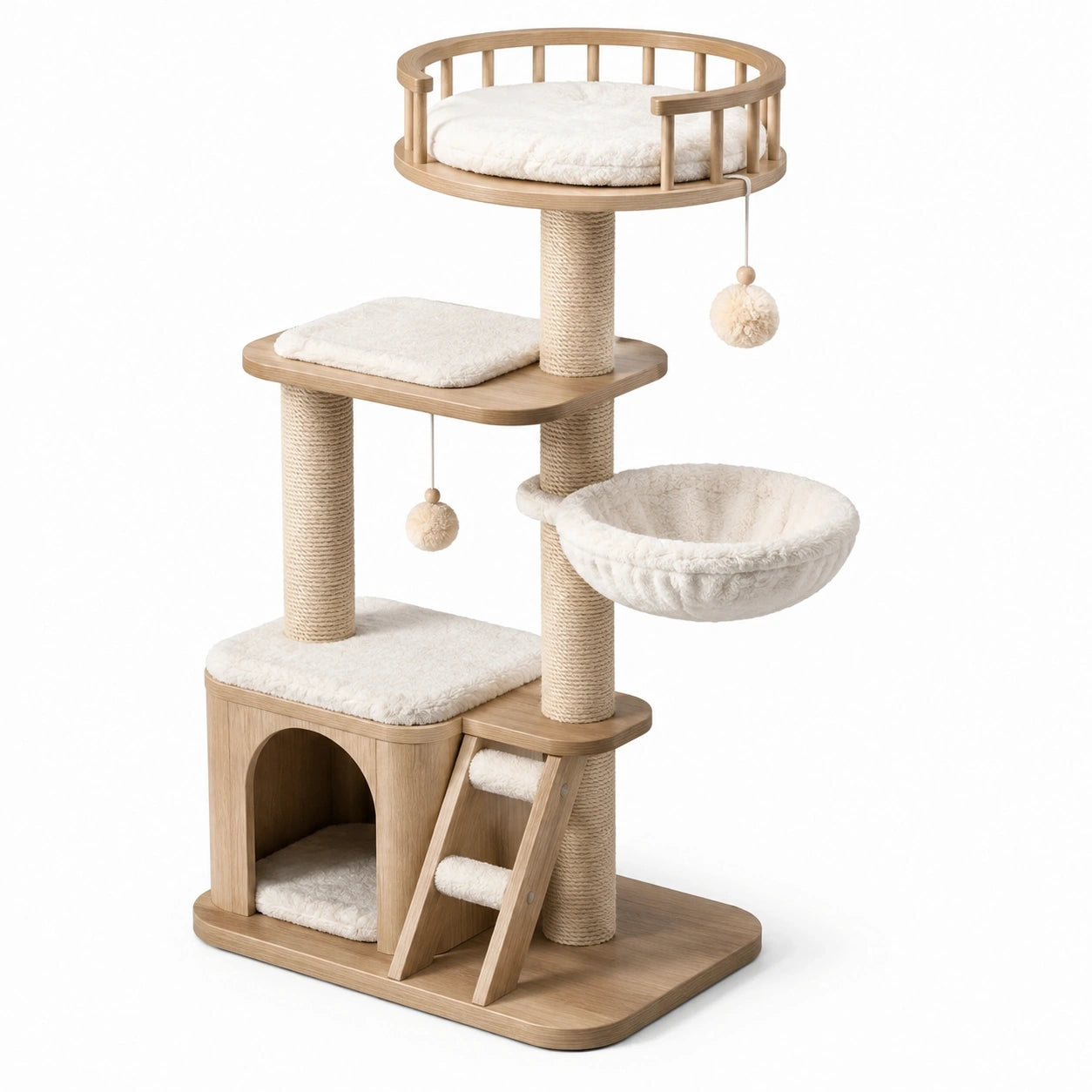Tiragraffi multilivello per gatti 60 × 48 × 150 cm beige e crema con cuccia, amaca, lettino e piattaforme