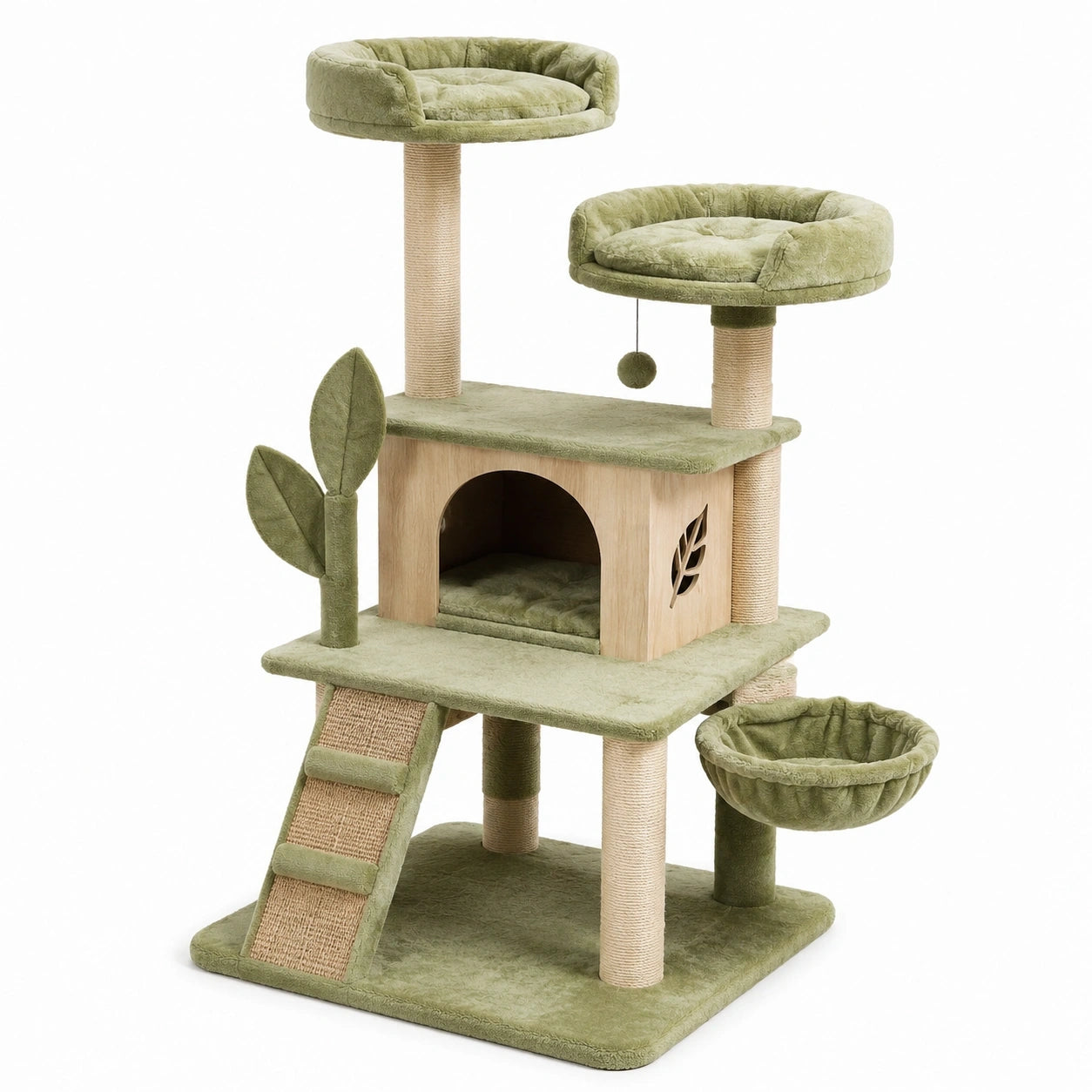 Tiragraffi multilivello 80 × 60 × 150 cm in legno, sisal e peluche verde salvia e beige con cuccia, lettini e cesta