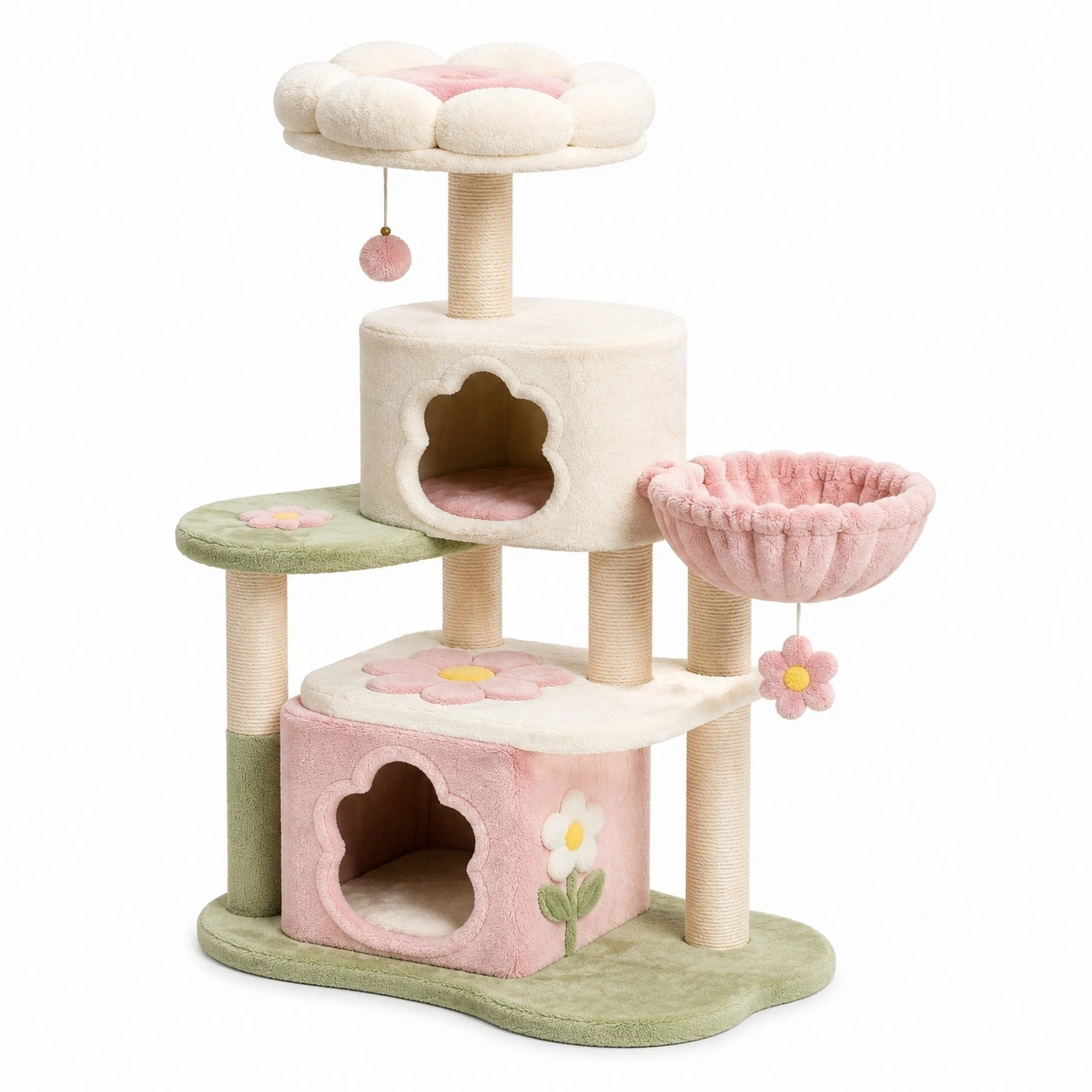 Tiragraffi multipiano 95 × 55 × 135 cm in tessuto morbido e sisal, avorio, rosa e verde, con cucce e piattaforme floreali