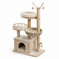 Tiragraffi per gatti multilivello 100 × 60 × 170 cm in legno beige e rovere chiaro con sisal, cuccia e piattaforme