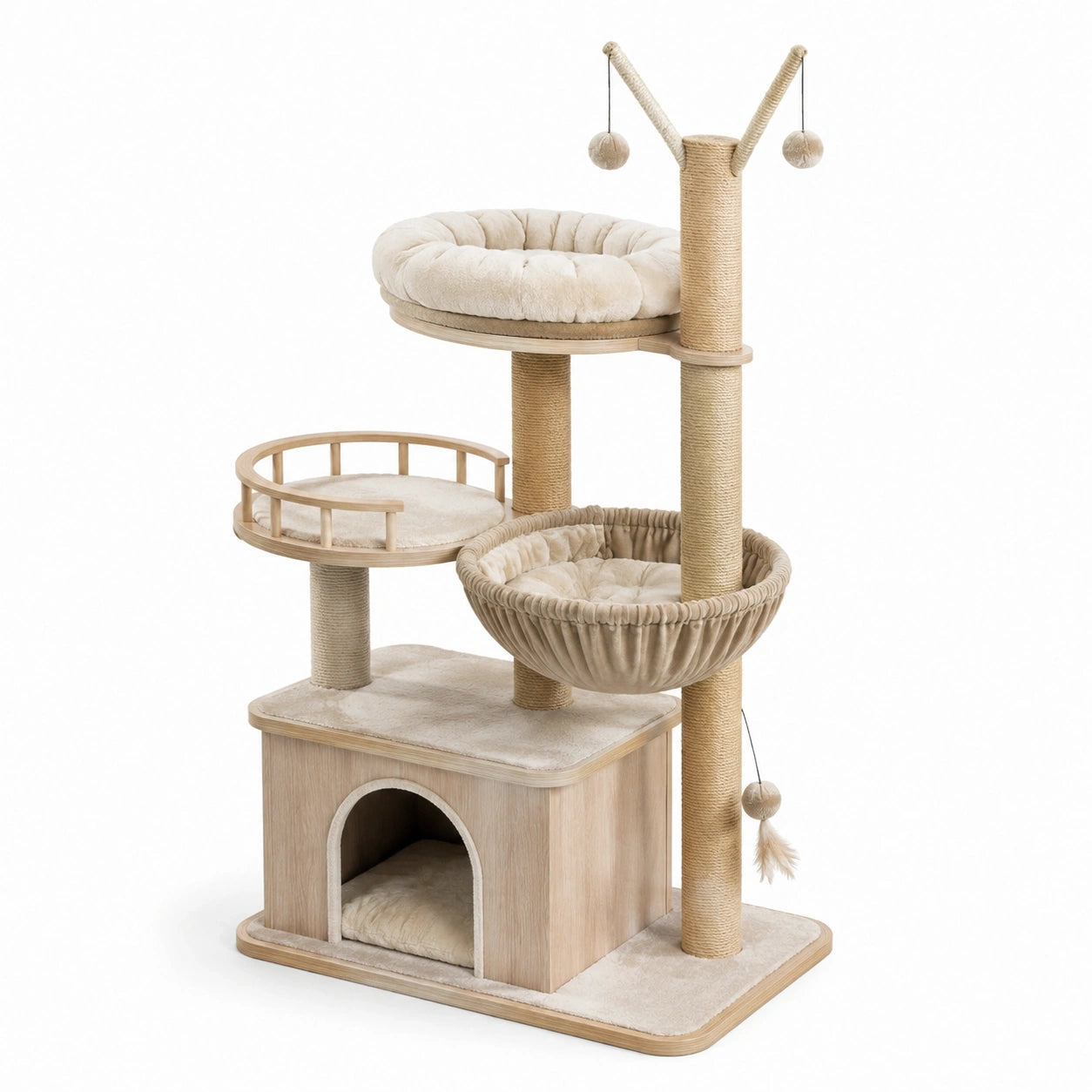 Tiragraffi per gatti multilivello 100 × 60 × 170 cm in legno beige e rovere chiaro con sisal, cuccia e piattaforme