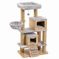 Tiragraffi multilivello in legno, sisal e peluche grigio con 2 cucce e amaca, 90 × 60 × 170 cm