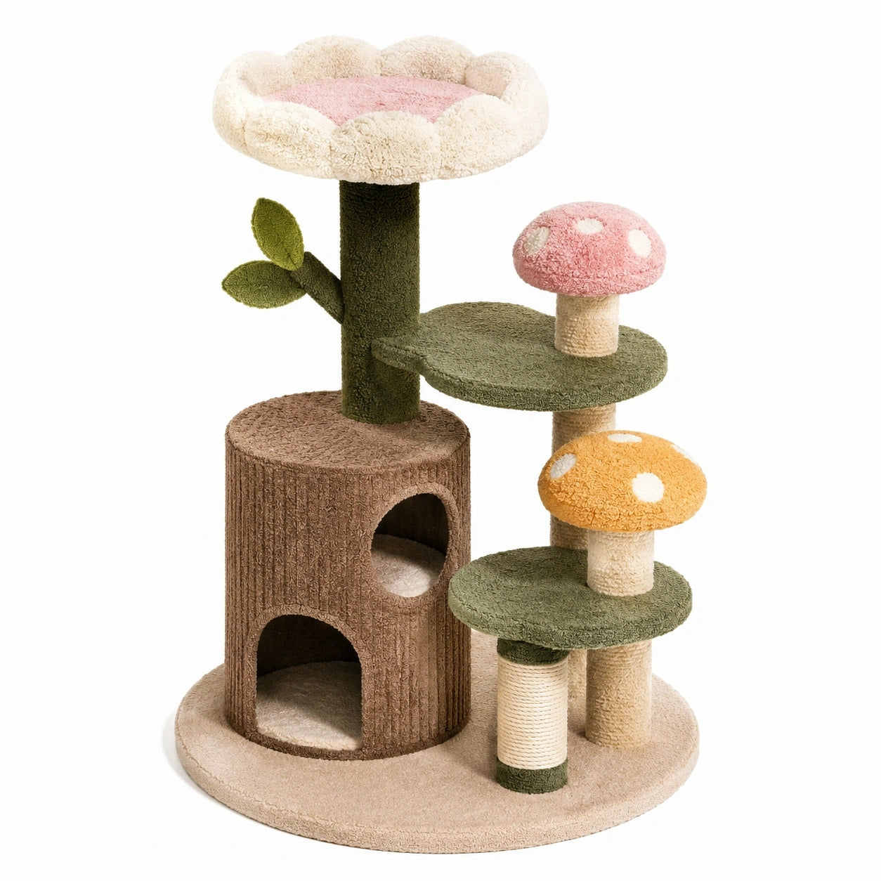Albero tiragraffi per gatti 80 × 50 × 120 cm in tessuto felpato e sisal con cuccia, cesta e piattaforme floreali