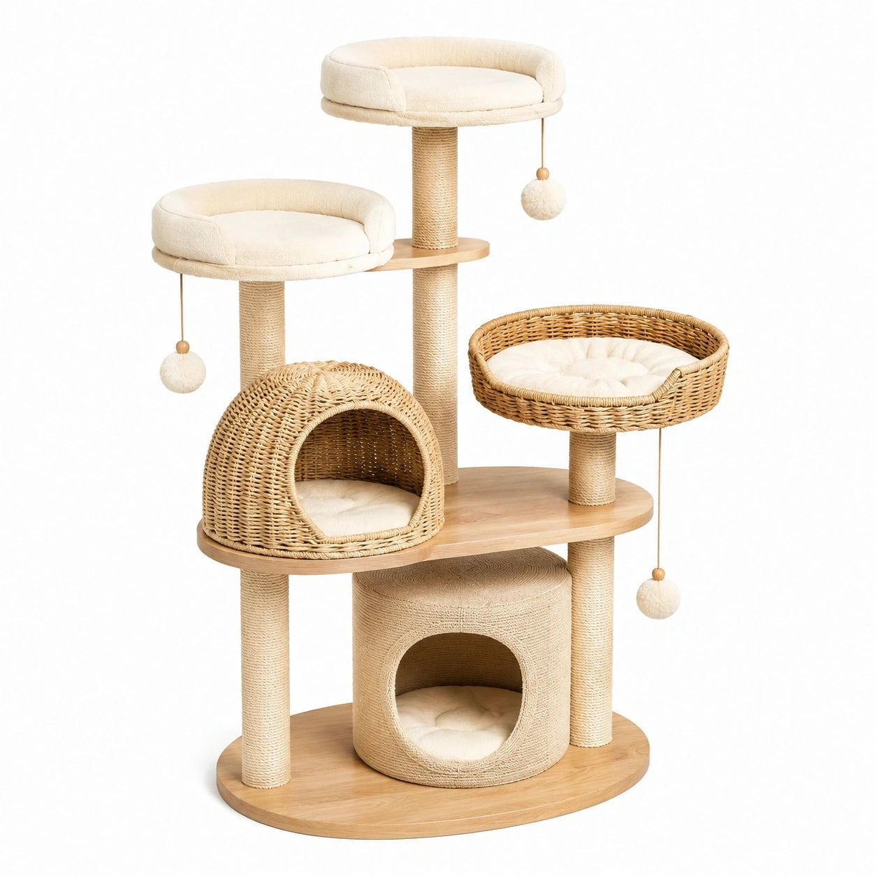 Tiragraffi multilivello 115 x 60 x 165 cm in sisal beige e naturale con cucce, piattaforme e giochi