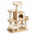 Tiragraffi multilivello per gatti in legno e sisal con cuccia, amaca e piattaforme, 120 × 60 × 155 cm