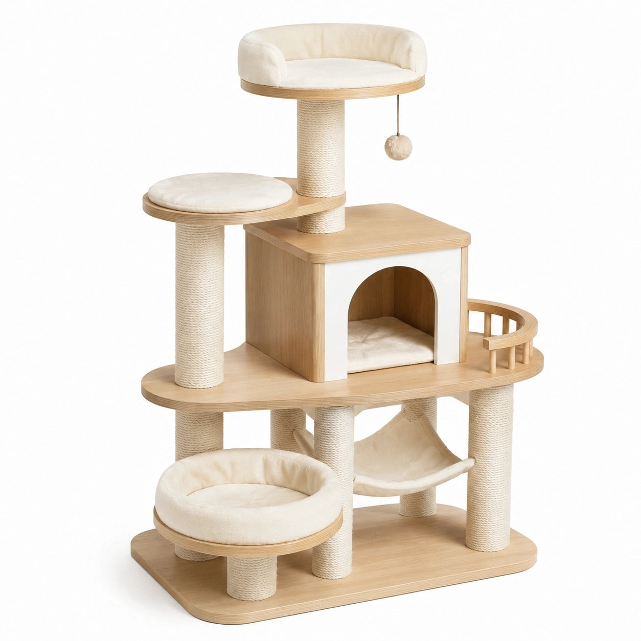 Tiragraffi multilivello per gatti in legno e sisal con cuccia, amaca e piattaforme, 120 × 60 × 155 cm
