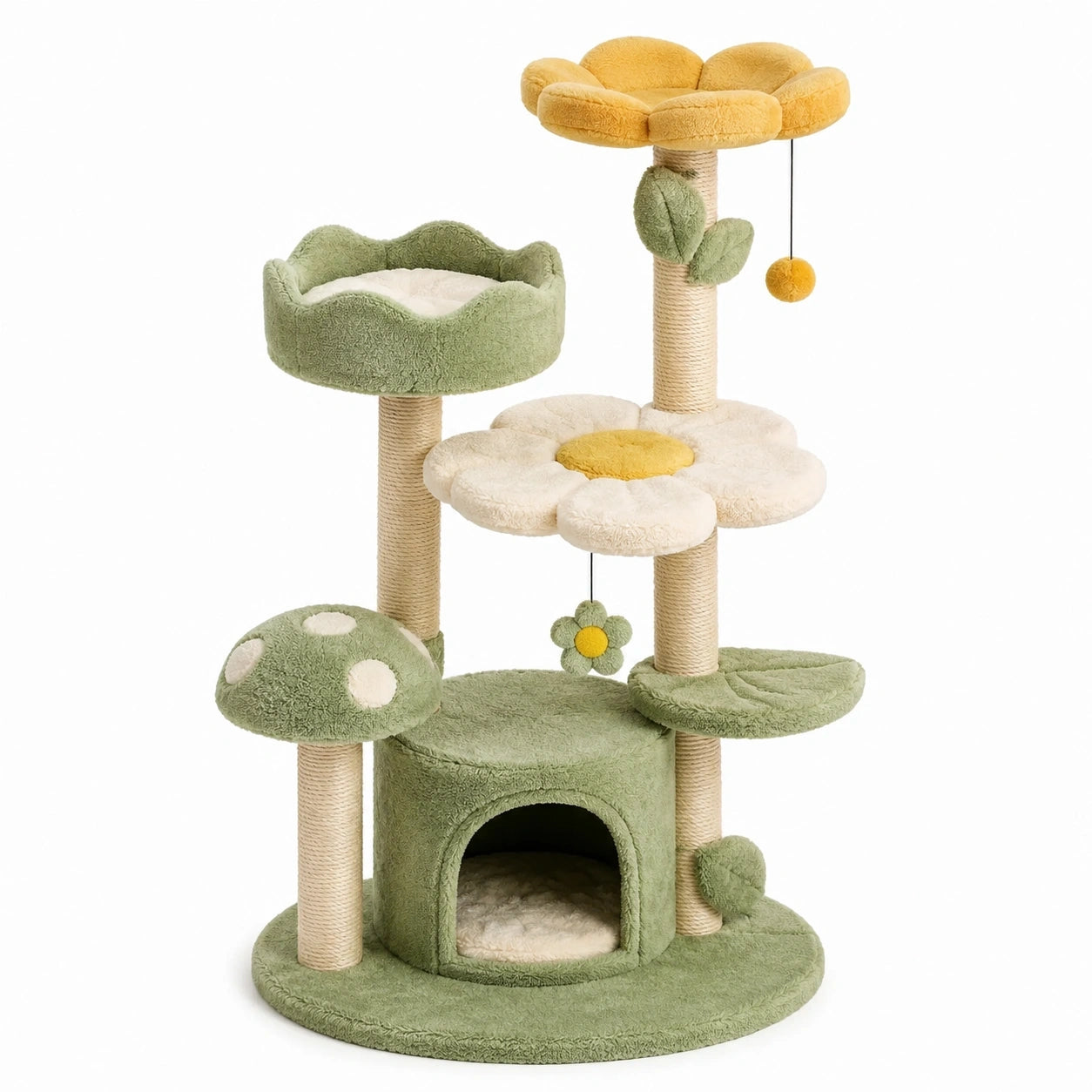 Tiragraffi multipiano per gatti 60 × 50 × 135 cm con cuccia e piattaforme floreali, verde, giallo, crema e beige