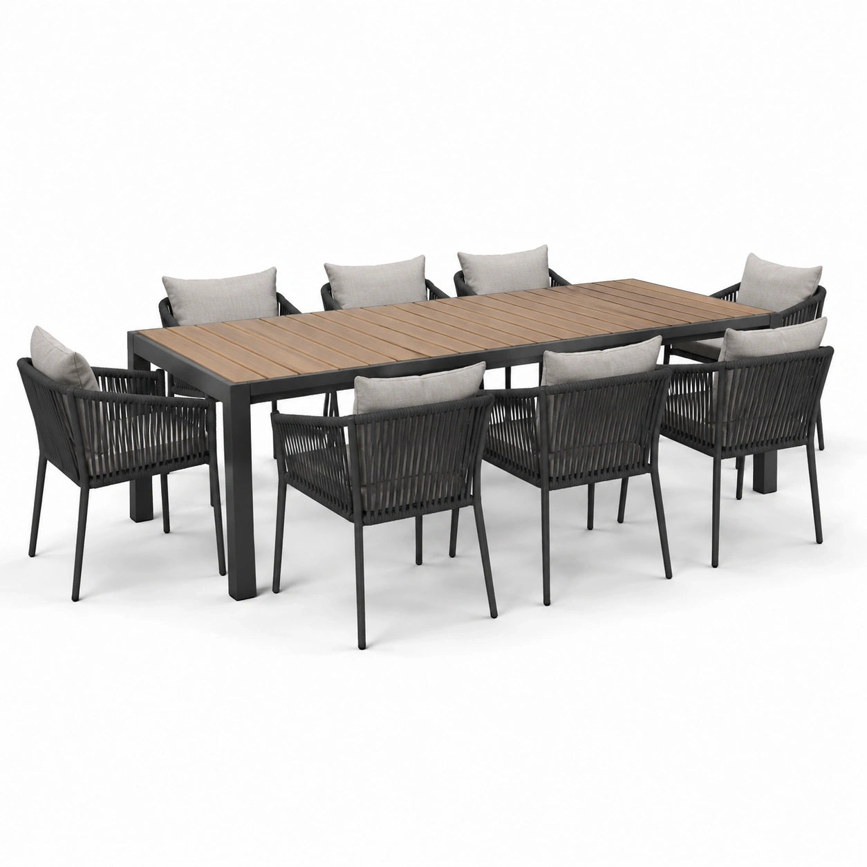 Set da pranzo da giardino 9 pezzi con tavolo 220 × 100 × 75 cm e 8 sedie 60 × 62 × 82 cm, nero, marrone e grigio chiaro