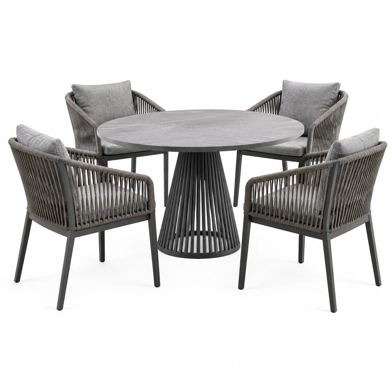 Set da pranzo da giardino 5 pezzi grigio e antracite con tavolo rotondo 120 × 75 cm e 4 sedie 61 × 62 × 82 cm