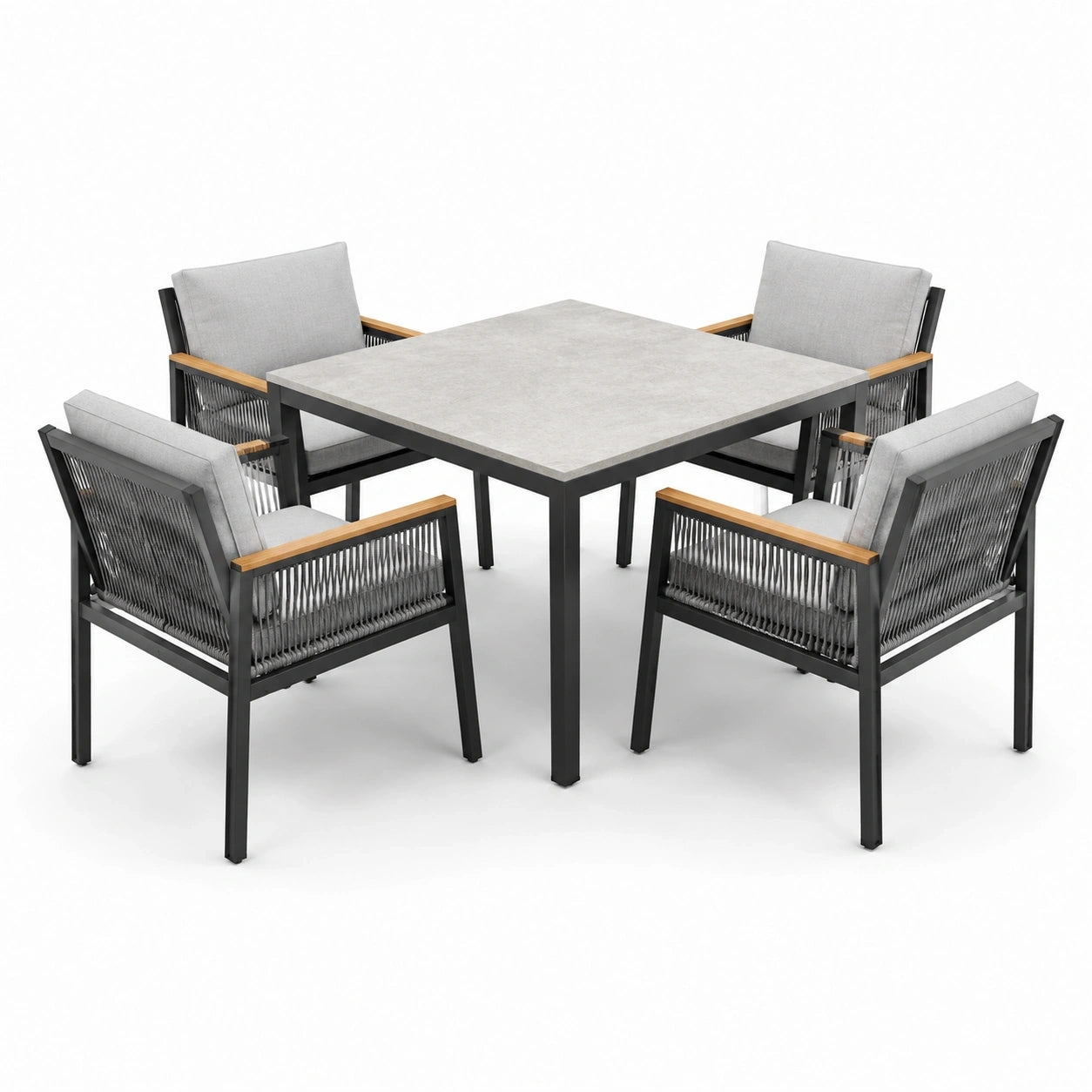 Set da pranzo da giardino 5 pezzi nero, grigio e legno naturale con tavolo 100 × 100 × 75 cm e 4 poltrone 60 × 61 × 83 cm