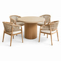 Set da pranzo in legno naturale e corda intrecciata, tavolo rotondo Ø 120 × 75 cm e 4 sedie 58 × 62 × 80 cm