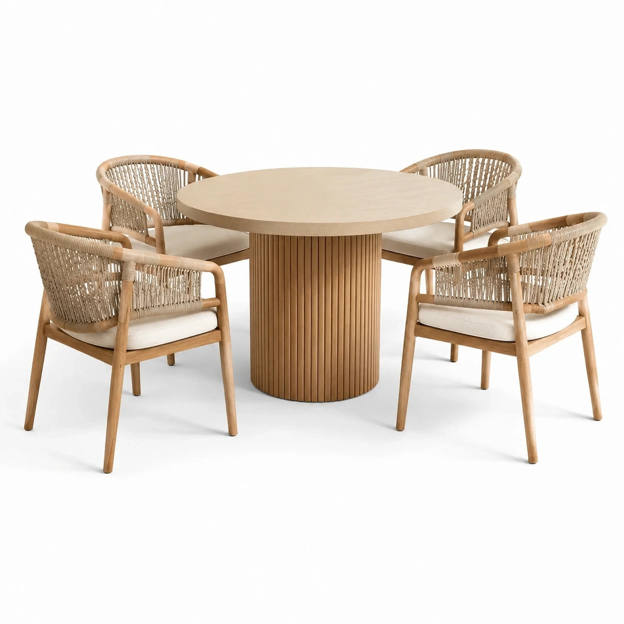 Set da pranzo in legno naturale e corda intrecciata, tavolo rotondo Ø 120 × 75 cm e 4 sedie 58 × 62 × 80 cm