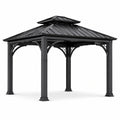 Gazebo da giardino in metallo nero con tetto rigido a doppio livello, 300 × 300 × 290 cm