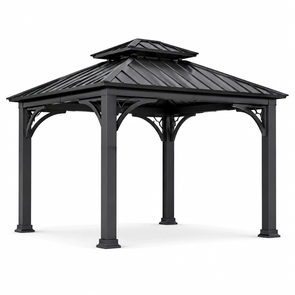 Gazebo da giardino in metallo nero con tetto rigido a doppio livello, 300 × 300 × 290 cm