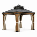 Gazebo da giardino 300 × 300 × 310 cm in legno marrone con tetto metallico antracite e tende beige
