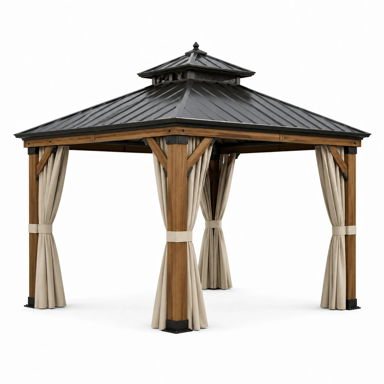 Gazebo da giardino 300 × 300 × 310 cm in legno marrone con tetto metallico antracite e tende beige