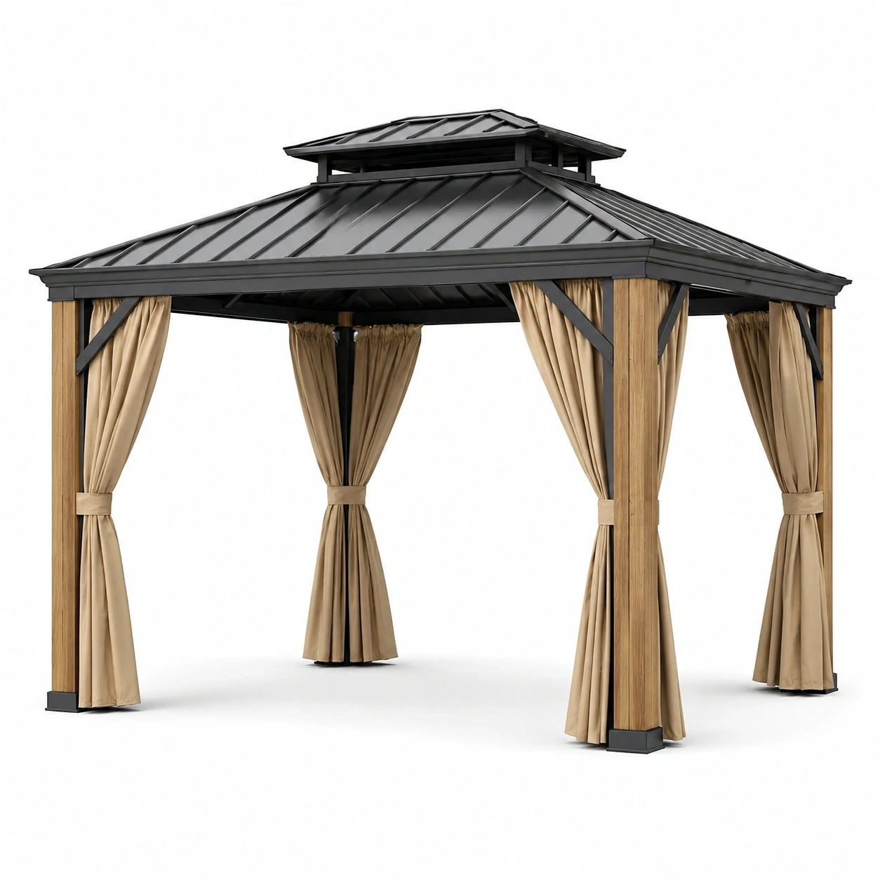 Gazebo da giardino 300 × 300 × 280 cm nero, beige e marrone con tetto rigido e tende laterali