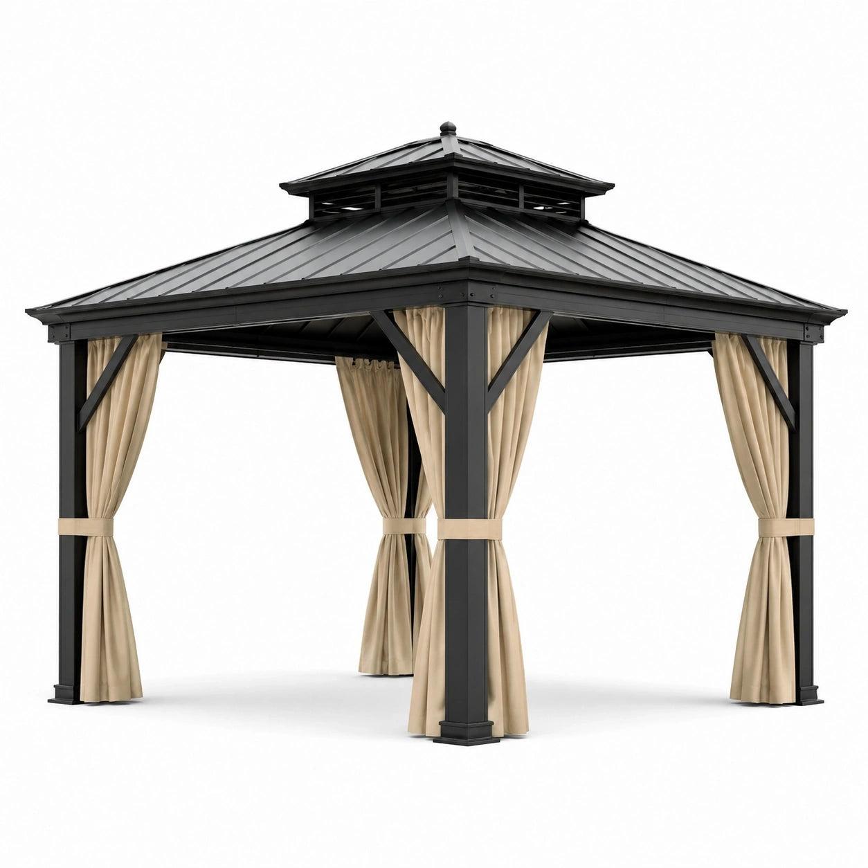 Gazebo da giardino 300 × 300 × 290 cm in metallo antracite con tende beige e tetto rigido ventilato