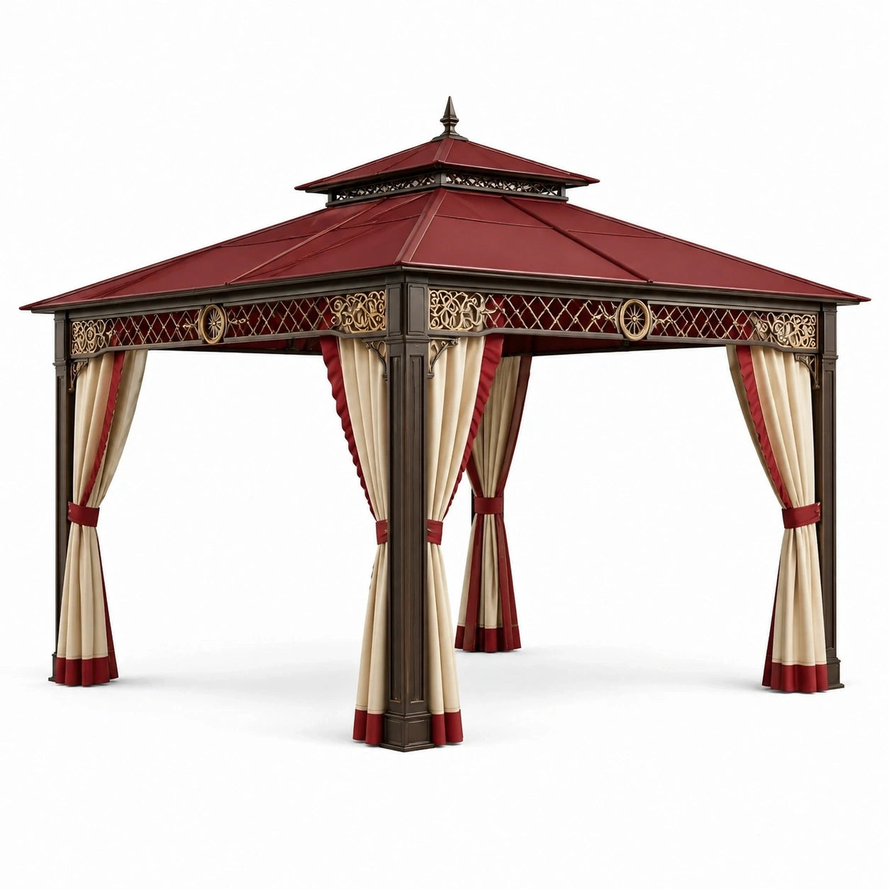 Gazebo da giardino in metallo 300 × 300 × 290 cm bordeaux e marrone con tende beige e dettagli dorati