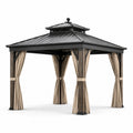 Gazebo da giardino 360 × 300 × 290 cm in metallo nero e marrone effetto legno, tende beige e tetto rigido ventilato