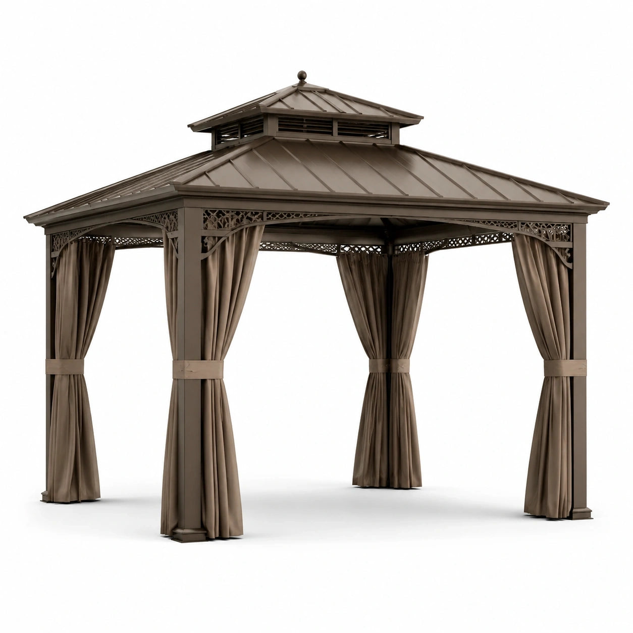 Gazebo da giardino in metallo marrone 400 × 300 × 290 cm con tetto rigido a doppio livello e tende laterali