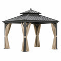 Gazebo da giardino in metallo antracite con tetto rigido e tende beige, 400 × 300 × 280 cm