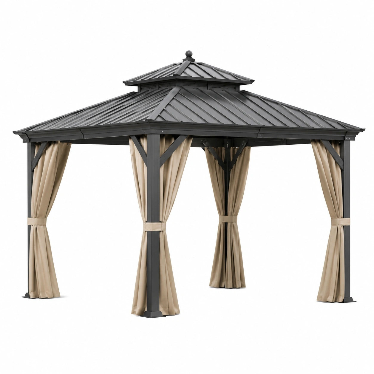 Gazebo da giardino in metallo antracite con tetto rigido e tende beige, 400 × 300 × 280 cm