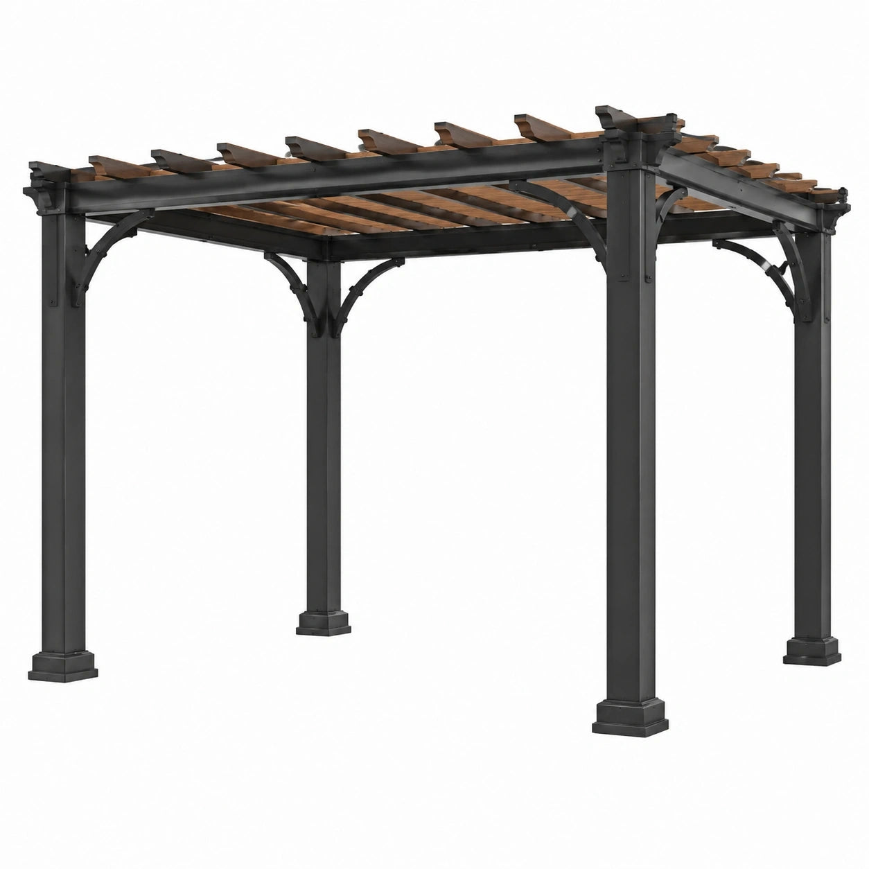 Pergola autoportante moderna 300 × 300 × 260 cm in acciaio nero e legno marrone con listelli aperti