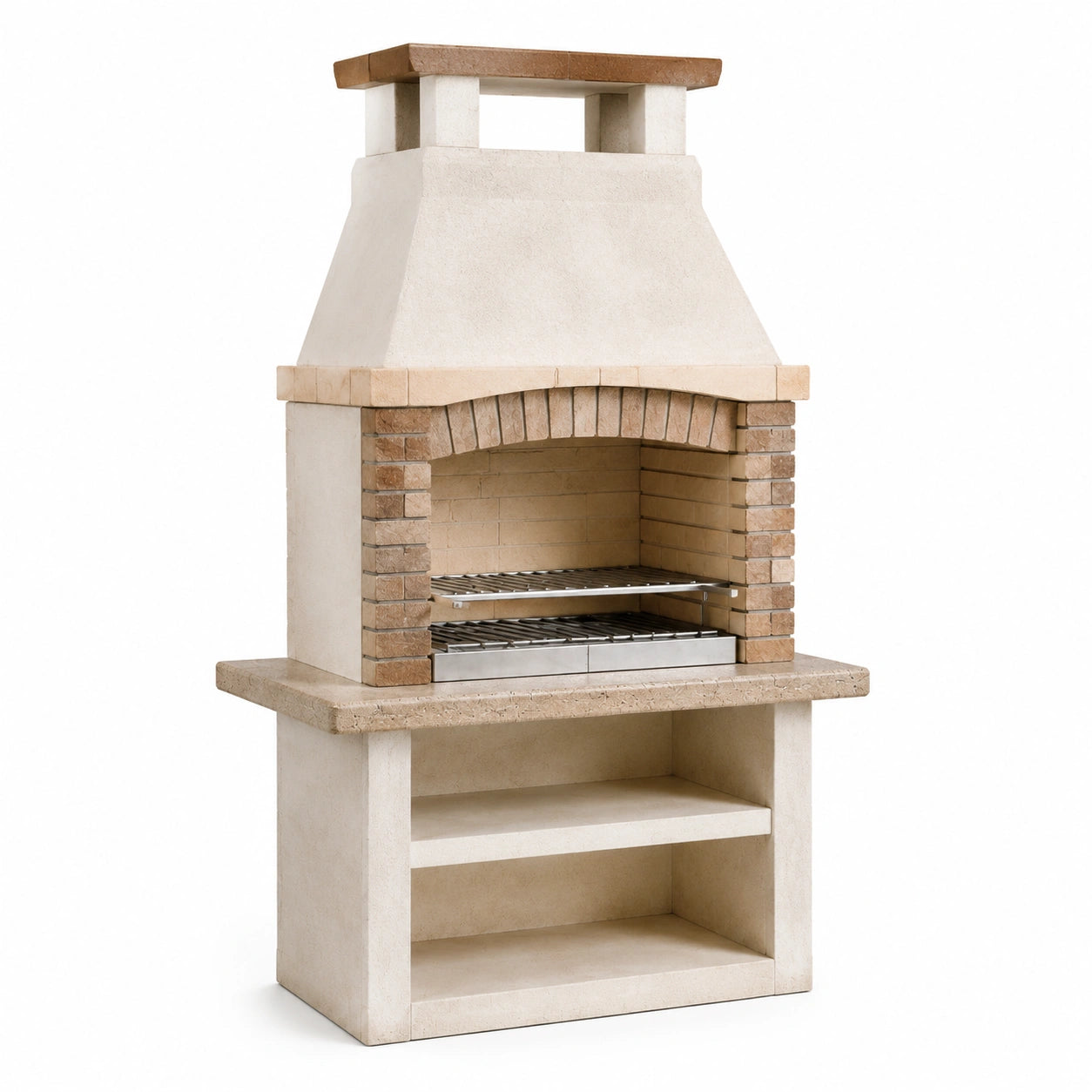 Barbecue da giardino in muratura beige e terracotta 110 × 70 × 215 cm con cappa, griglia e ripiani