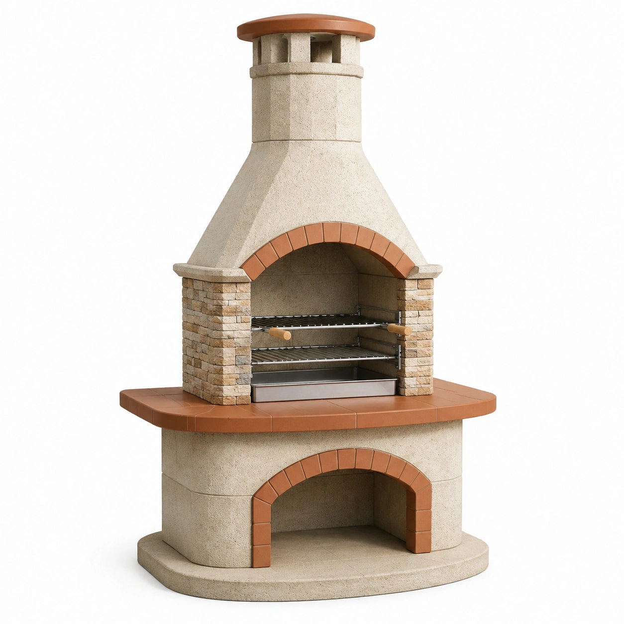 Barbecue da giardino in calcestruzzo beige, terracotta e grigio, 120 × 80 × 230 cm, con due griglie regolabili