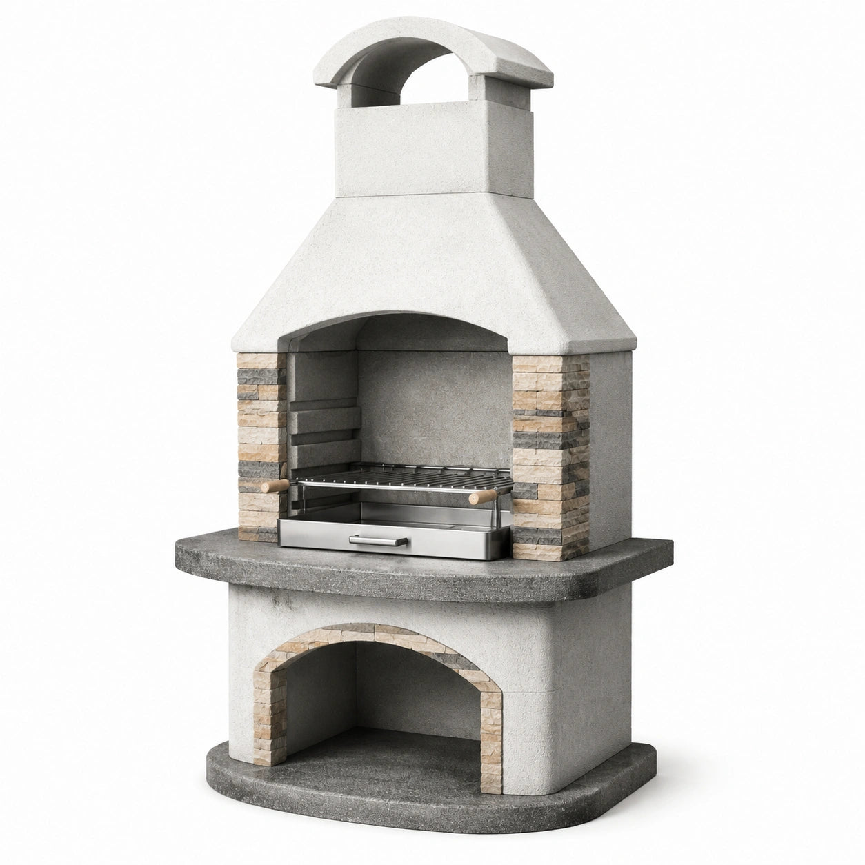 Barbecue da giardino in cemento grigio, beige e antracite con griglia e cappa, 110 × 65 × 210 cm