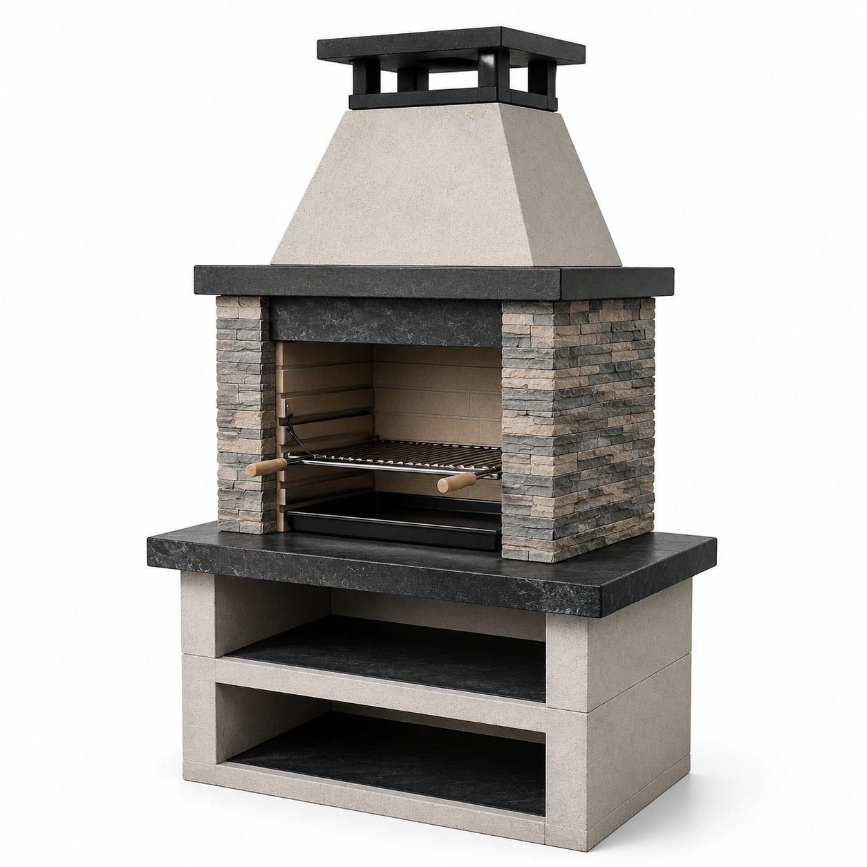 Barbecue da giardino in muratura grigio, beige e nero 110 × 70 × 210 cm con cappa, griglia regolabile e ripiani