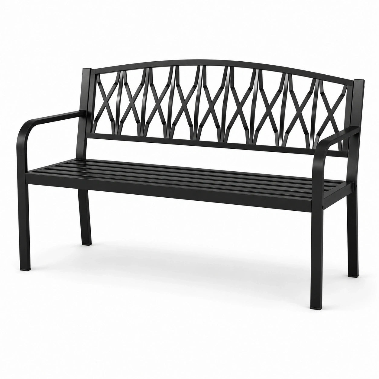 Panchina da giardino a 2 posti in metallo nero con schienale decorativo, 127 × 60 × 85 cm