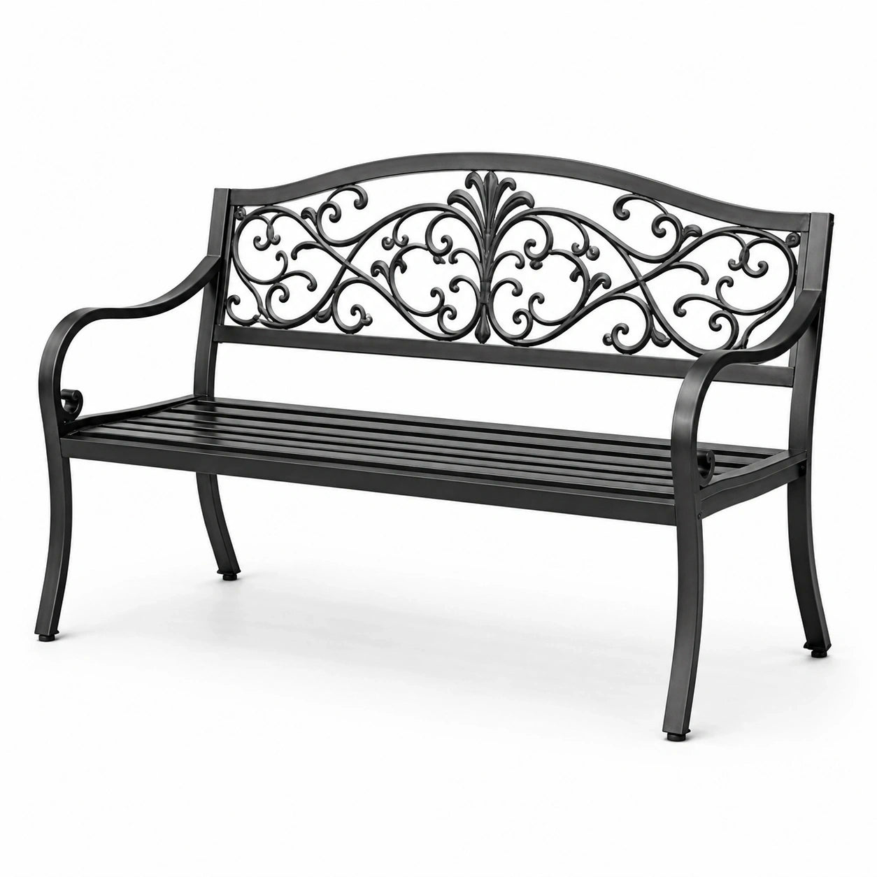 Panchina da giardino a 2 posti in metallo nero, 128 × 60 × 88 cm, con schienale decorativo