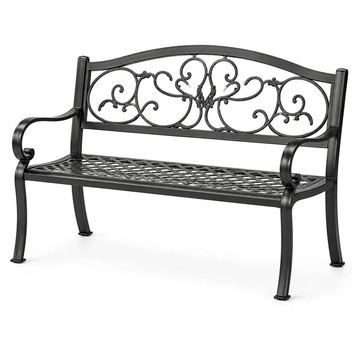 Panchina da giardino a 2 posti in metallo nero con schienale decorativo, 127 × 60 × 85 cm