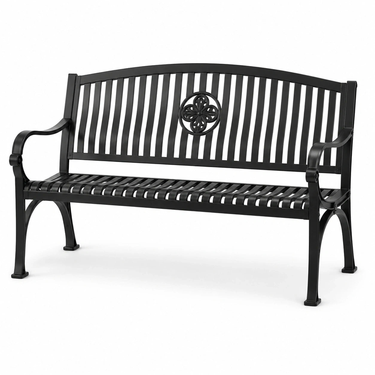 Panca da giardino in metallo nero a 2 posti con braccioli, 127 × 60 × 85 cm, stile classico