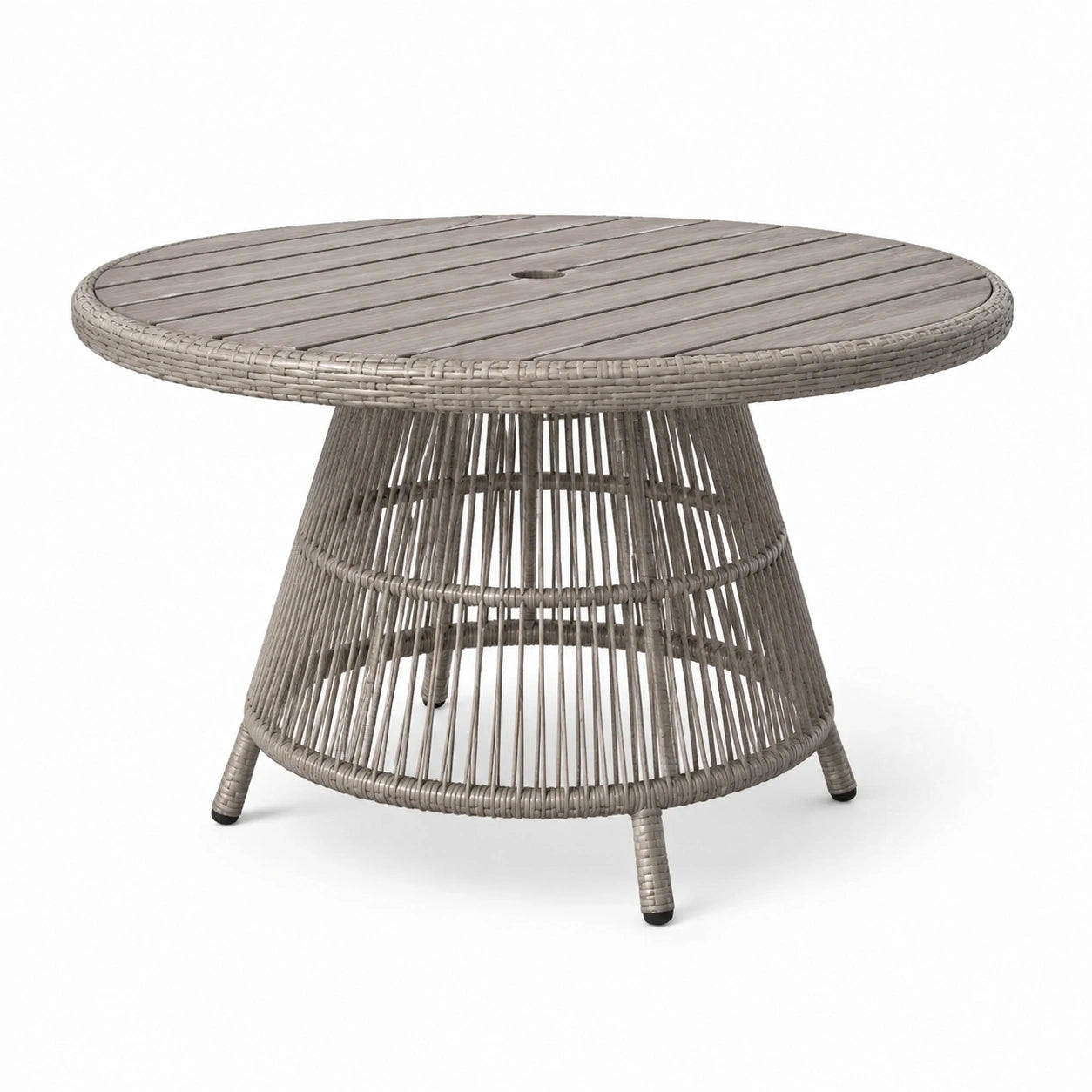 Tavolo rotondo da esterno in rattan sintetico e metallo grigio tortora, Ø 120 x H 75 cm, con foro per ombrellone