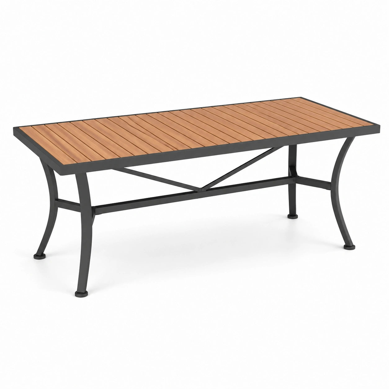 Tavolo da giardino rettangolare moderno 150 × 90 × 74 cm, marrone e nero, con struttura in metallo e piano a doghe