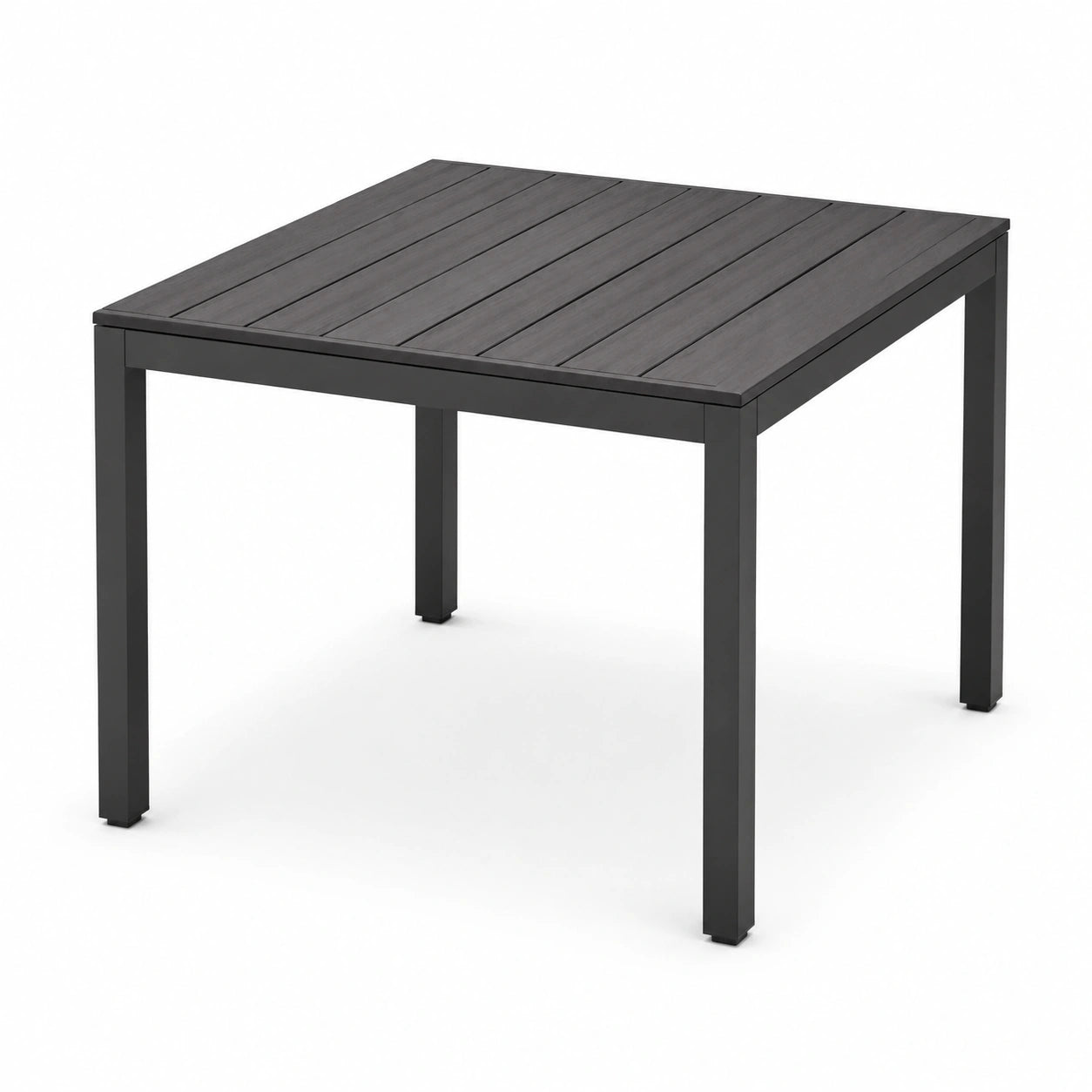 Tavolo quadrato da esterno in metallo antracite con piano a doghe, 90 × 90 × 75 cm