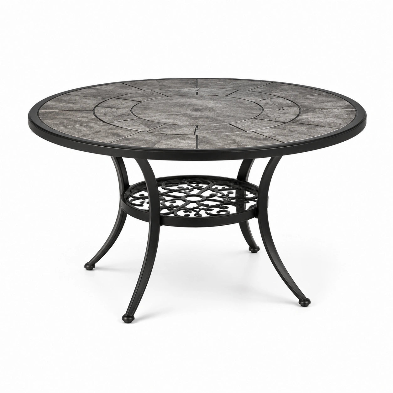 Tavolo rotondo da esterno in metallo nero con piano grigio effetto pietra, 122 × 74 cm