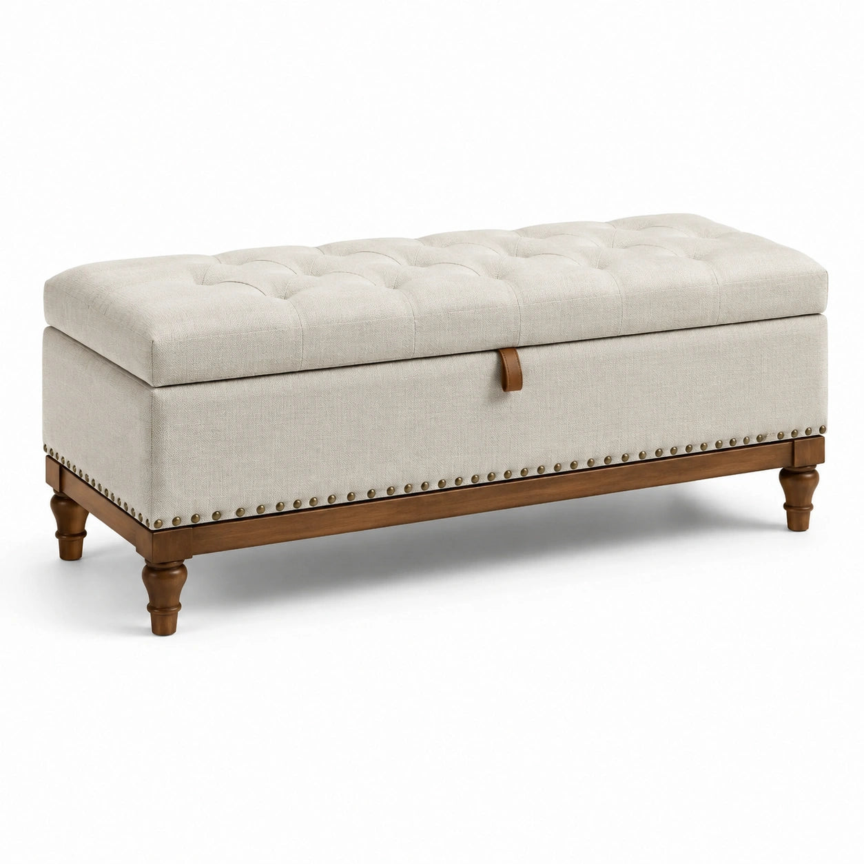 Panca contenitore in tessuto beige con legno marrone e borchie bronzo, seduta capitonné, 120 × 45 × 48 cm