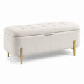 Panca contenitore in bouclé bianco con seduta trapuntata e gambe color oro, 120 × 45 × 46 cm