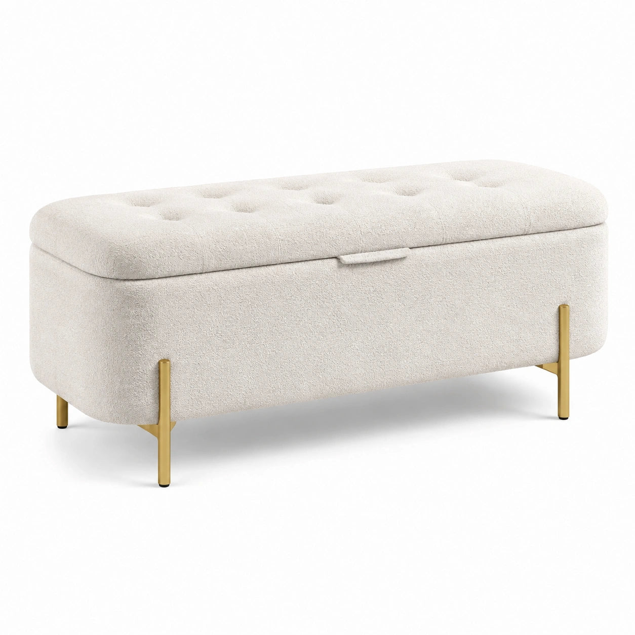 Panca contenitore in bouclé bianco con seduta trapuntata e gambe color oro, 120 × 45 × 46 cm