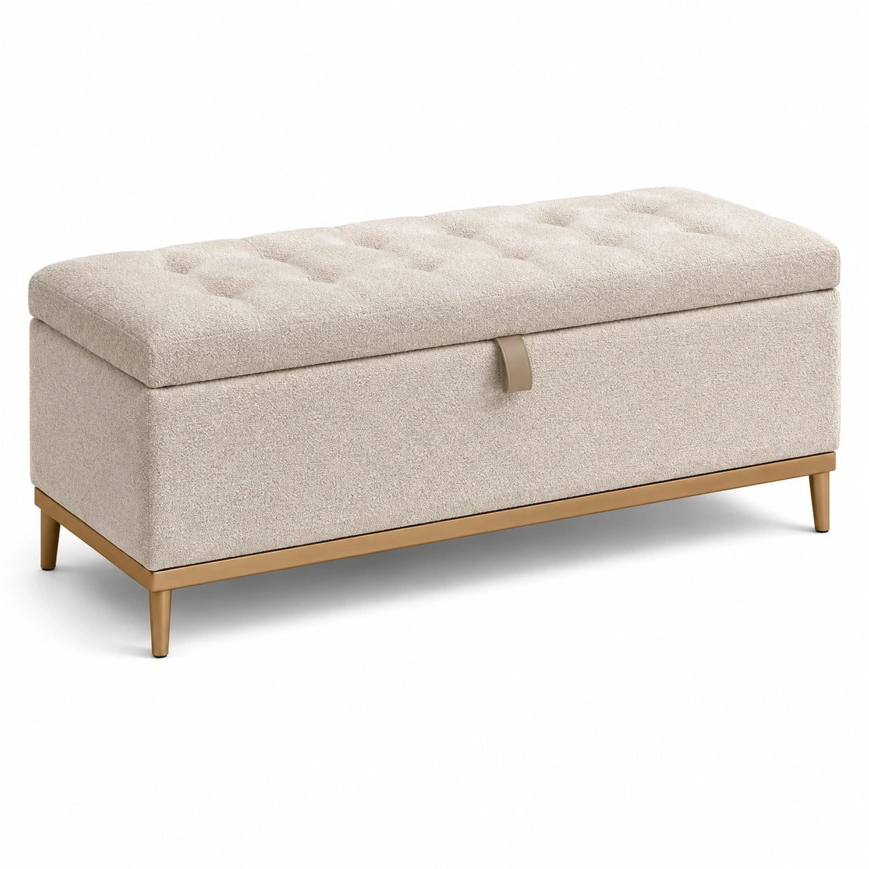 Panca contenitore beige in tessuto effetto bouclé con seduta trapuntata e base dorata, 120 × 45 × 48 cm