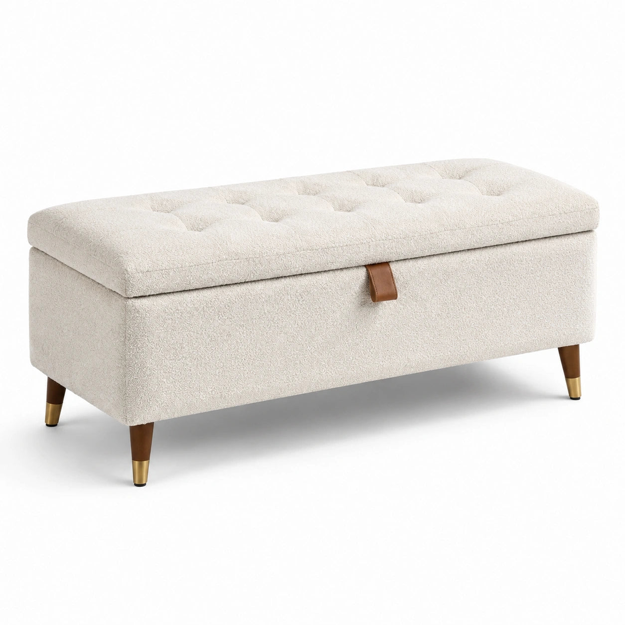 Panca contenitore in tessuto bouclé crema 110 × 40 × 45 cm con seduta capitonné
