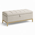 Panca contenitore moderna in tessuto beige con base dorata, 110 × 40 × 45 cm