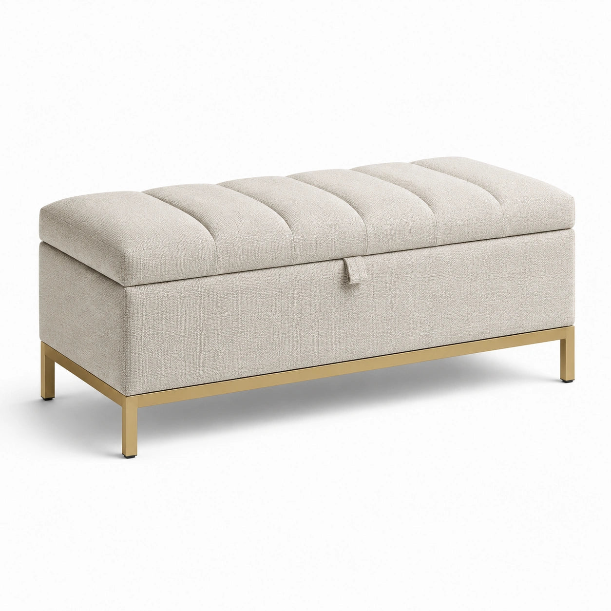 Panca contenitore moderna in tessuto beige con base dorata, 110 × 40 × 45 cm
