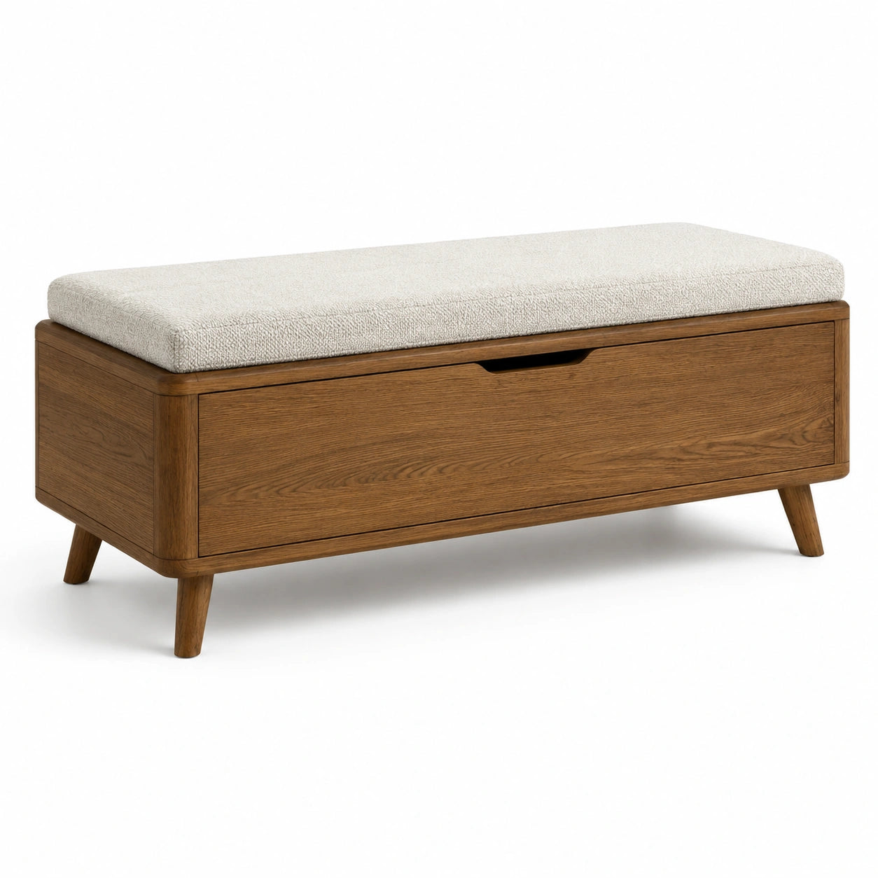 Panca contenitore moderna in legno marrone con seduta in tessuto crema, 110 × 40 × 52 cm