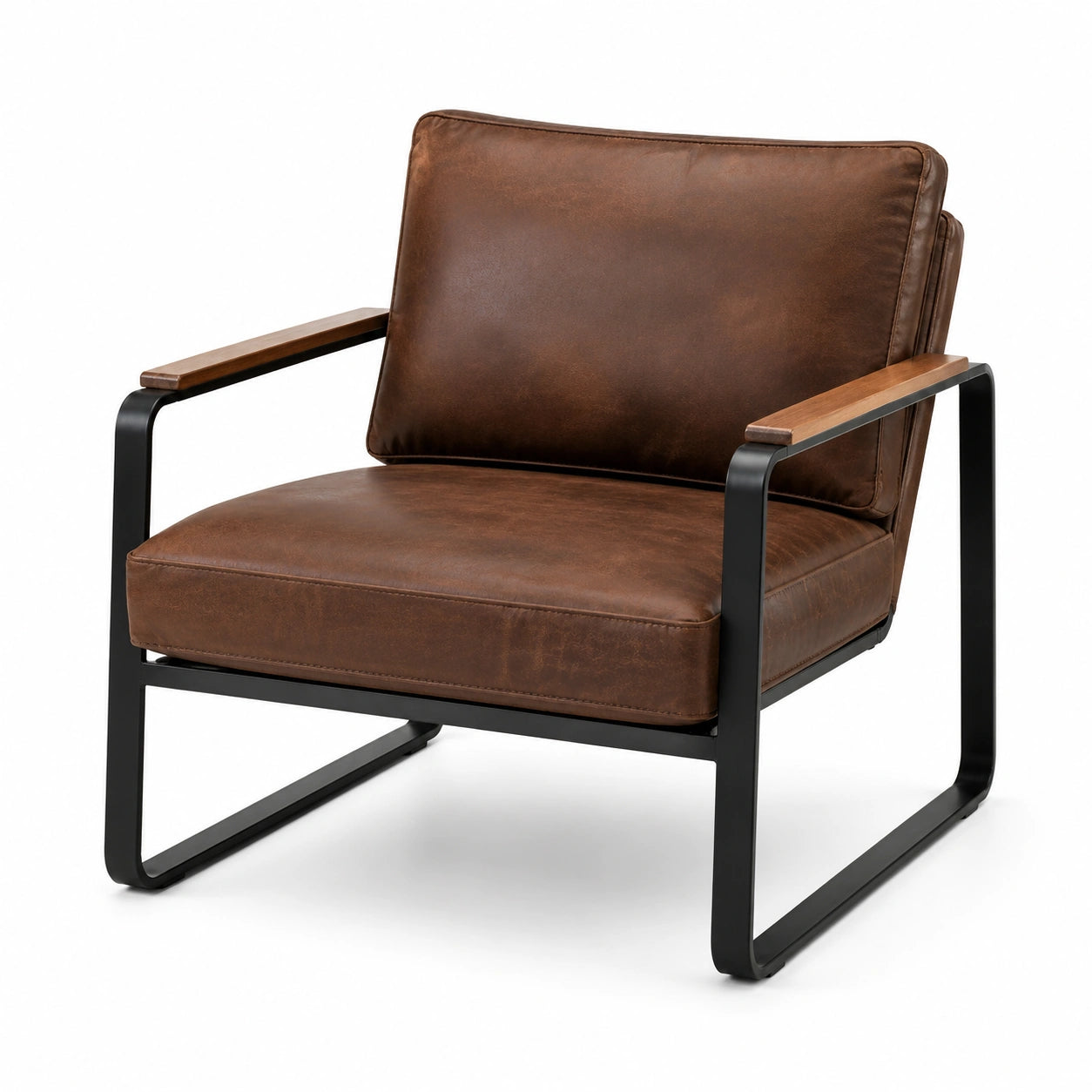 Poltrona industriale 72 × 78 × 82 cm in similpelle marrone, metallo nero e legno color noce