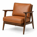 Poltrona con struttura in legno e rivestimento effetto pelle marrone cognac, 72 × 80 × 82 cm, stile retrò con braccioli